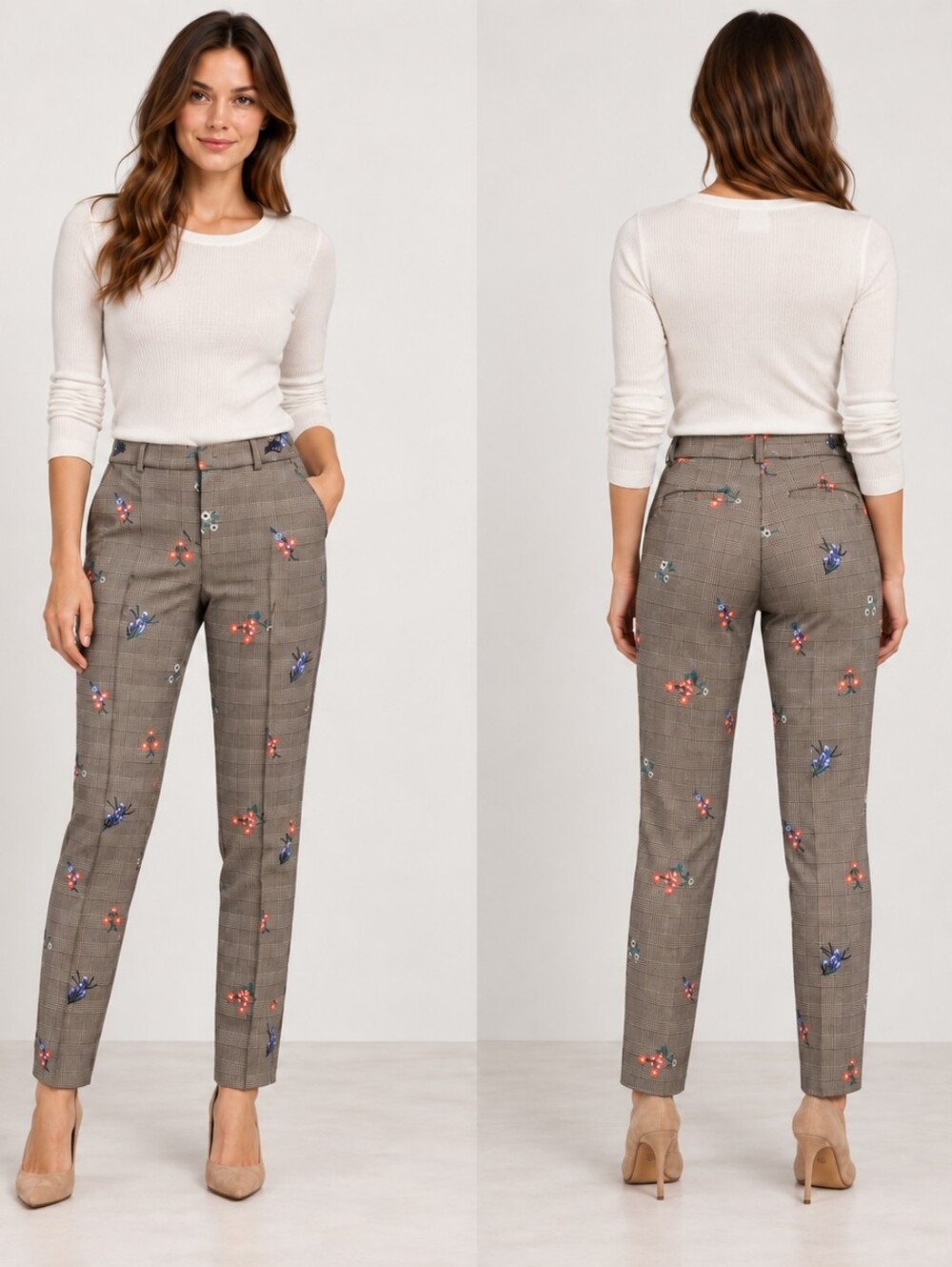 Express Gray Plaid Chinos with Blue & Coral Floral Embroidery Mid Rise Size 8R